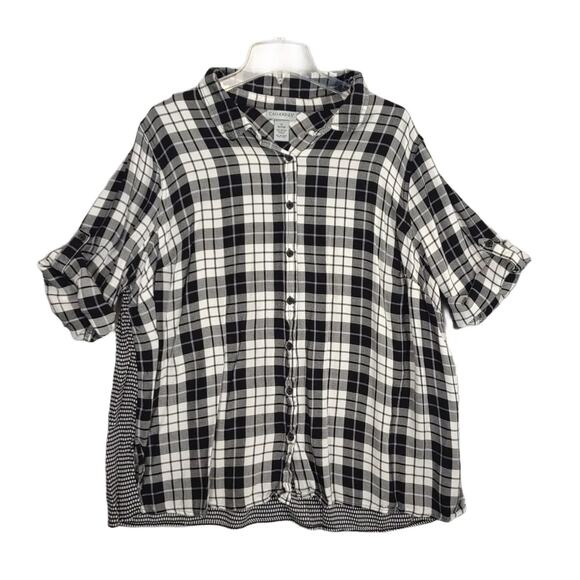 Catherines Women's 1X Black White Check Flannel Polka Dot Back Tunic Top Plus Sz - Picture 1 of 7